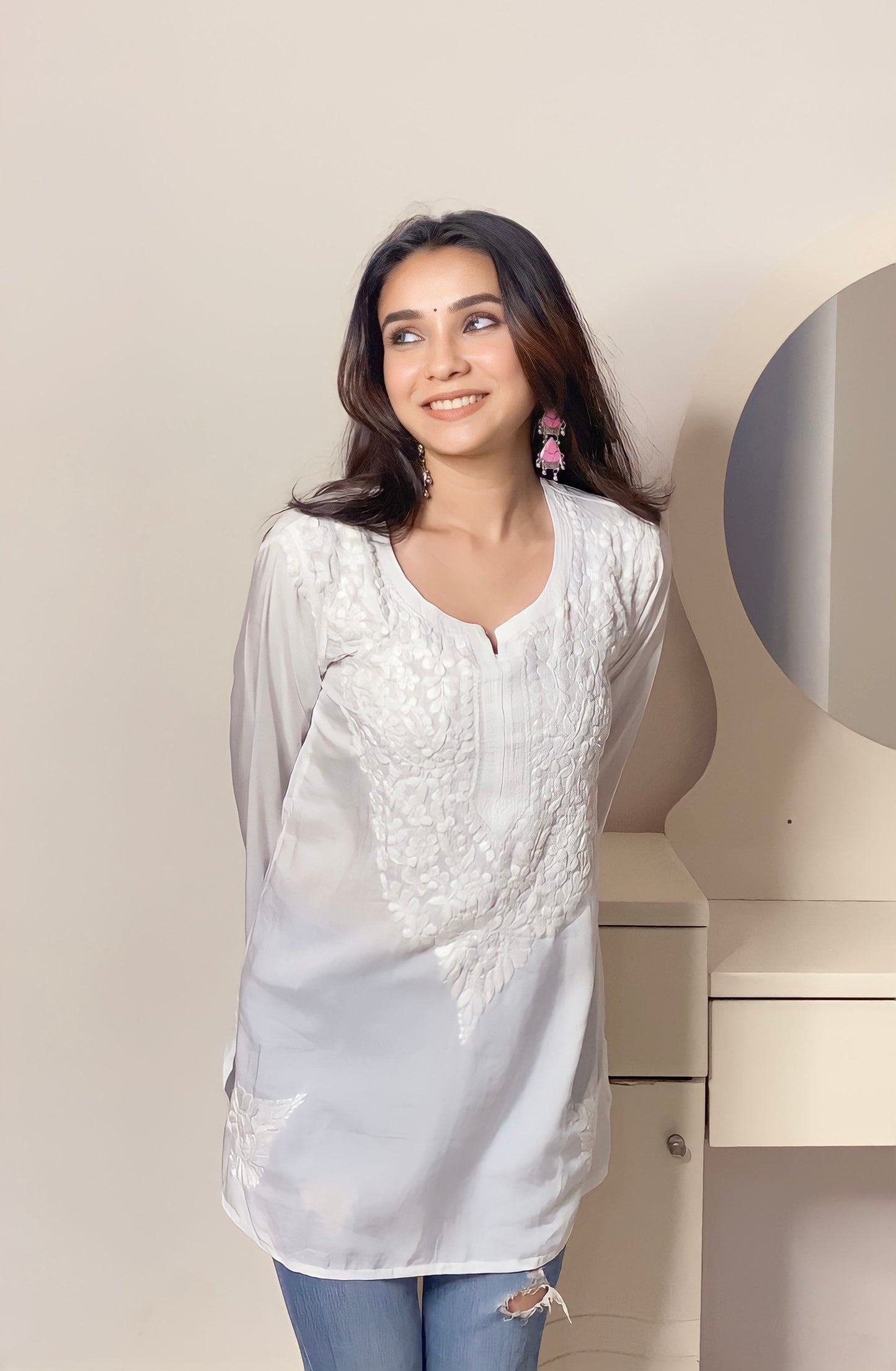 Nura Chikankari Short Modal Straight Kurti - Kashmiri Style Meets Lucknavi Chikankari