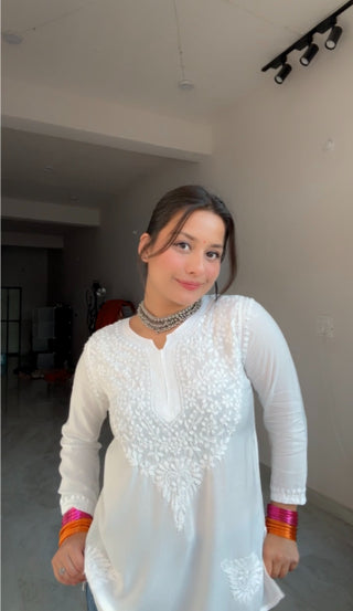 Nura Chikankari Short Modal Straight Kurti - Kashmiri Style Meets Lucknavi Chikankari