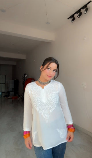 Nura Chikankari Short Modal Straight Kurti - Kashmiri Style Meets Lucknavi Chikankari