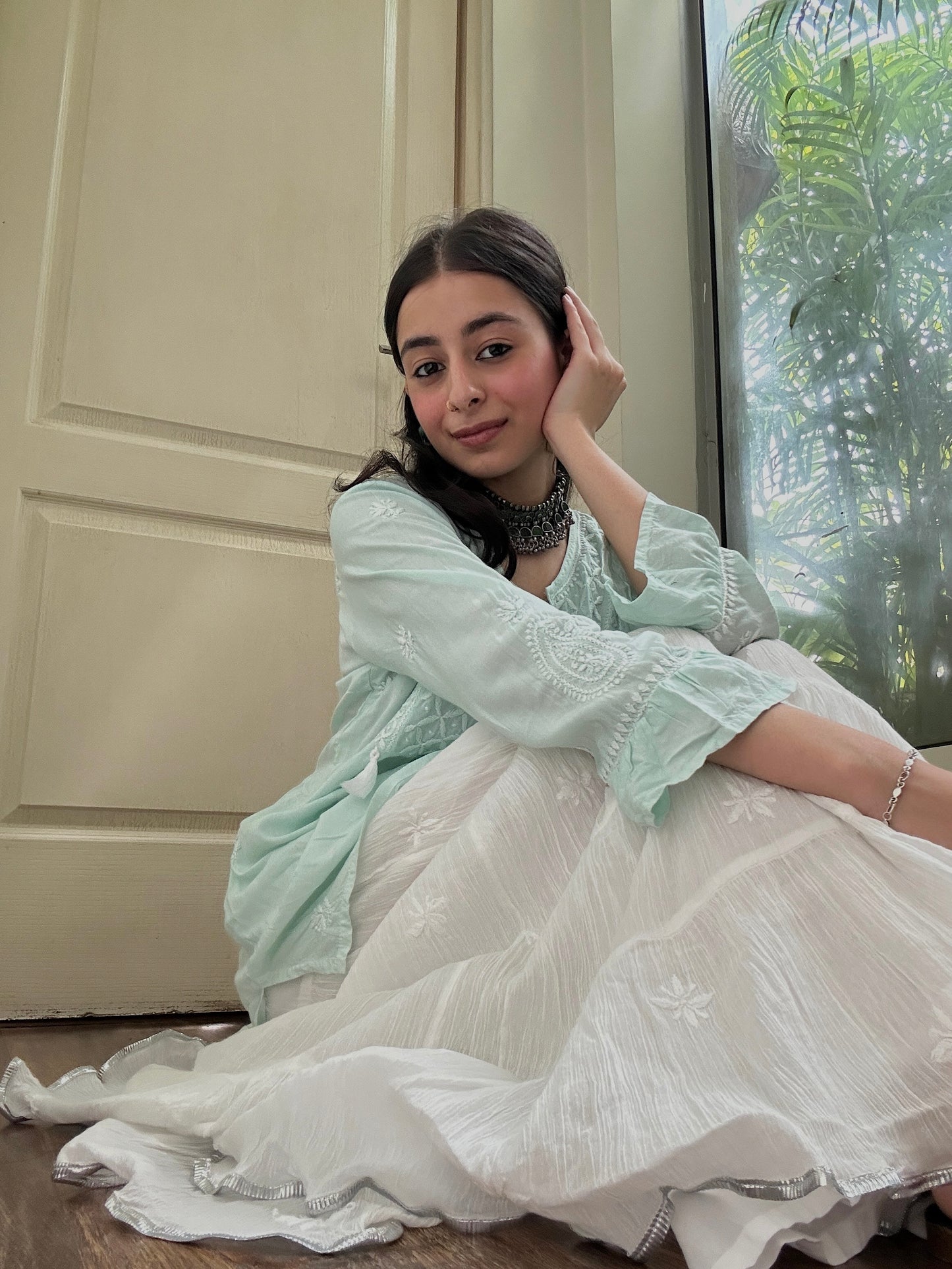Noor Jahan Set - Modal Designer Kurti and Crushed Cotton Chikankari Sharara
