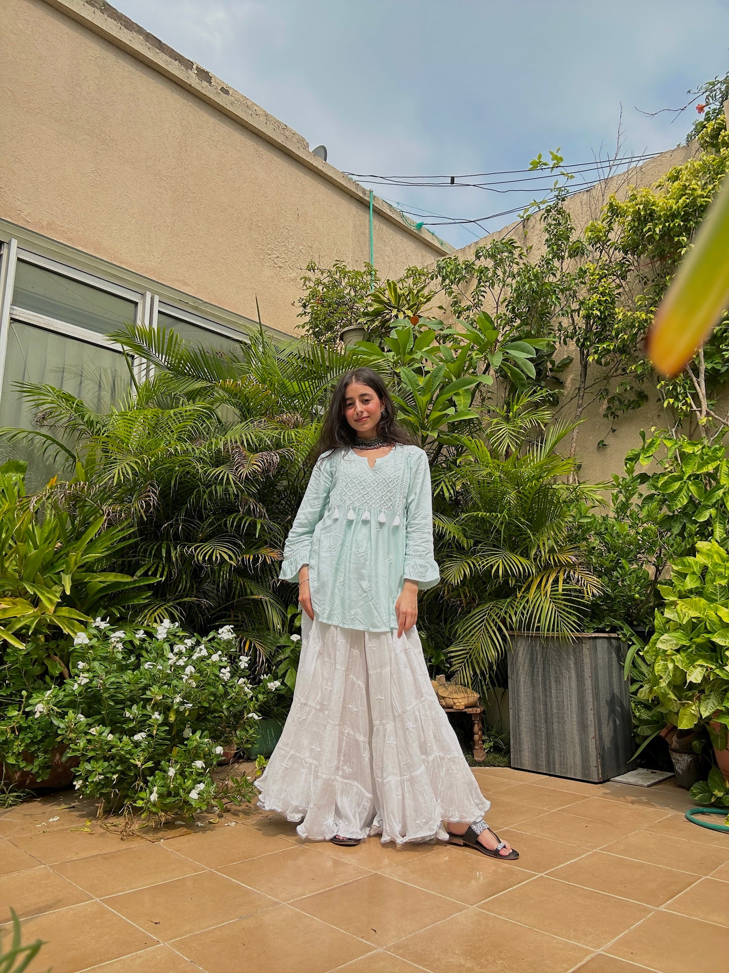 Noor Jahan Set - Modal Designer Kurti and Crushed Cotton Chikankari Sharara