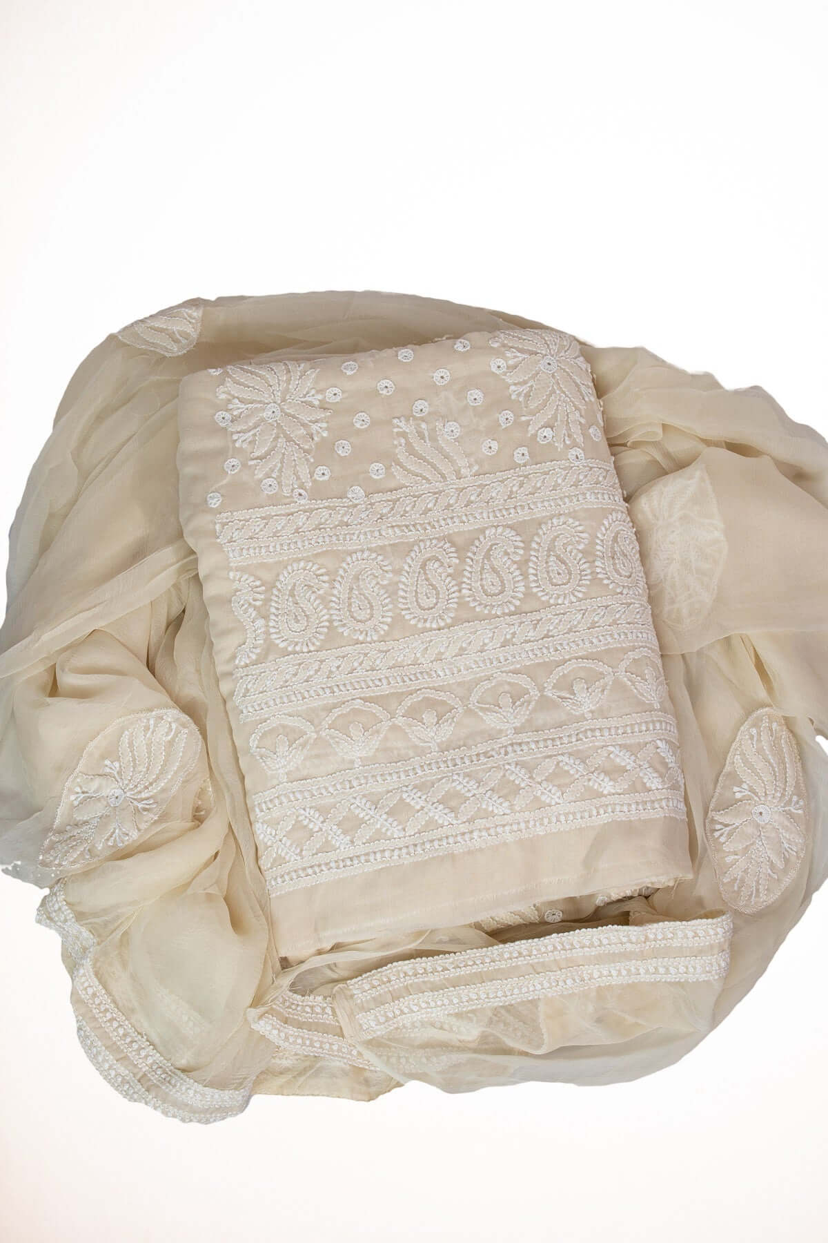 Cotton three pc suit set with all over fine embroidery and keel work