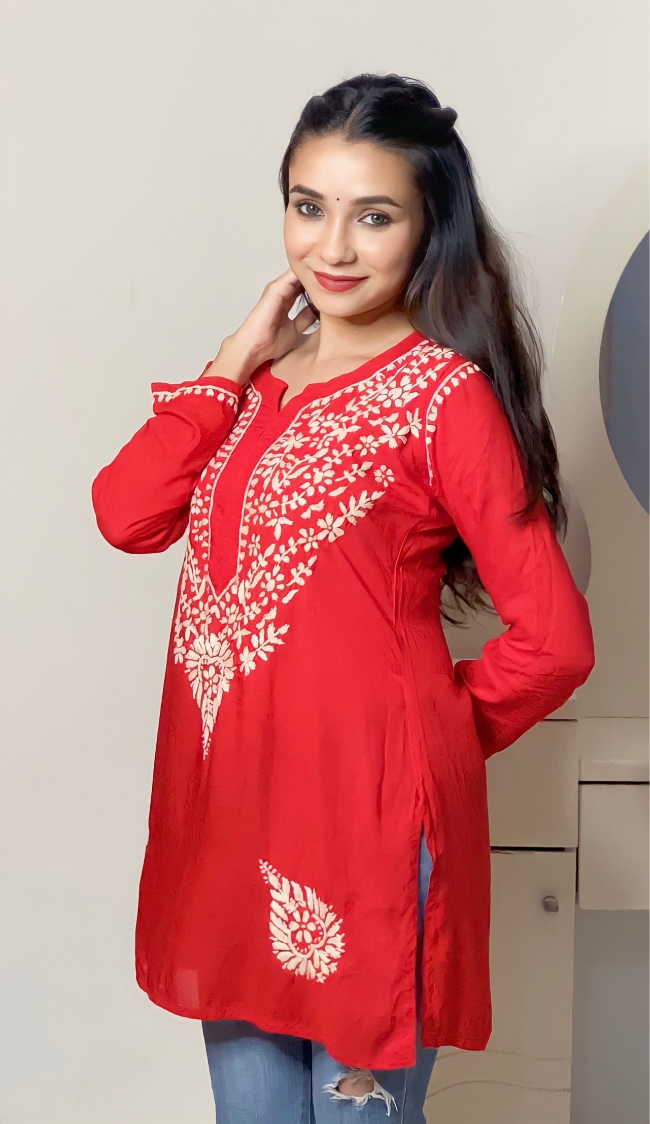 QAZMI Women Rayon Cotton Kashmiri Embroidered Short Kurti|Top, Red (XS) :  Amazon.in: Fashion