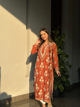 Mehroo Rust Designer Chikankari Kurta