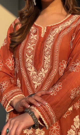 Mehroo Rust Designer Chikankari Kurta