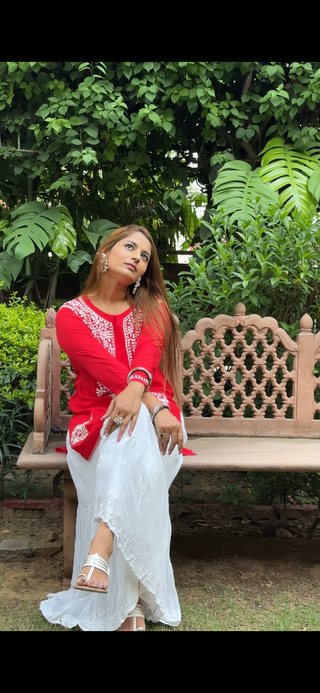 Nura Chikankari Short Modal Straight Kurti - Kashmiri Style Meets Lucknavi Chikankari