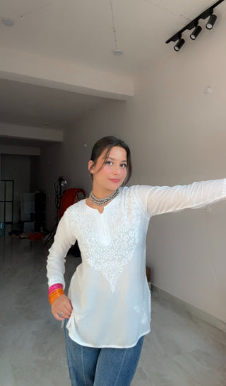Nura Chikankari Short Modal Straight Kurti - Kashmiri Style Meets Lucknavi Chikankari