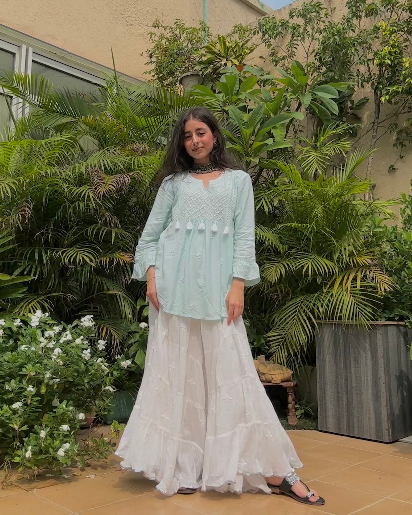 Noor Jahan Set - Modal Designer Kurti and Crushed Cotton Chikankari Sharara