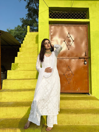 Inaayat Premium Three-Piece Modal Set - White Designer Kurti, Plazo, and Dupatta