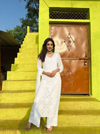 Inaayat Premium Three-Piece Modal Set - White Designer Kurti, Plazo, and Dupatta