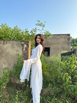 Inaayat Premium Three-Piece Modal Set - White Designer Kurti, Plazo, and Dupatta
