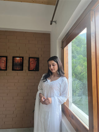 Inaayat Premium Three-Piece Modal Set - White Designer Kurti, Plazo, and Dupatta