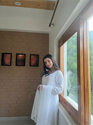 Inaayat Premium Three-Piece Modal Set - White Designer Kurti, Plazo, and Dupatta