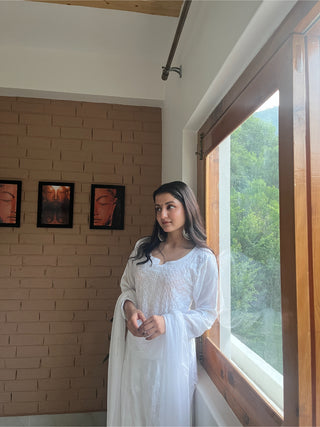 Inaayat Premium Three-Piece Modal Set - White Designer Kurti, Plazo, and Dupatta