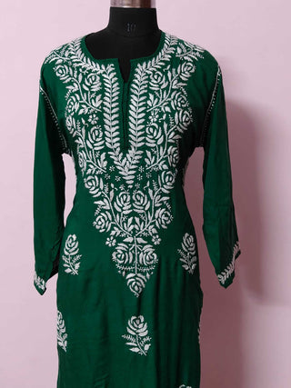 Aisha Bottle Green Modal Kurti with Front Yoke and Bootas - Chic Ethnic Fashion
