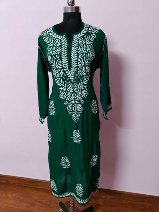 Aisha Bottle Green Modal Kurti with Front Yoke and Bootas - Chic Ethnic Fashion
