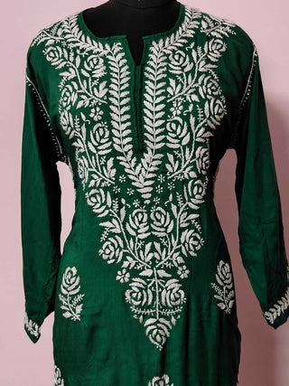 Aisha Bottle Green Modal Kurti with Front Yoke and Bootas - Chic Ethnic Fashion