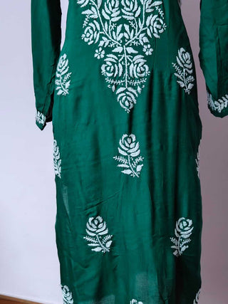 Aisha Bottle Green Modal Kurti with Front Yoke and Bootas - Chic Ethnic Fashion