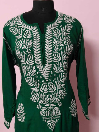 Aisha Bottle Green Modal Kurti with Front Yoke and Bootas - Chic Ethnic Fashion
