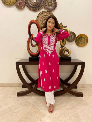 Meerab Chikankari Modal Straight Kurti - 5 Taar Lucknavi Mota Work Embroidery