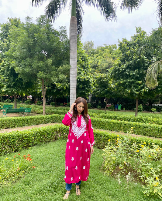 Meerab Chikankari Modal Straight Kurti - 5 Taar Lucknavi Mota Work Embroidery