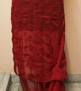 Basma Pure Red three pc unstitched chikankari suit with beads and cutdana work