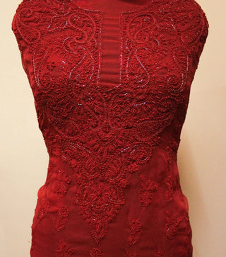 Basma Pure Red three pc unstitched chikankari suit with beads and cutdana work