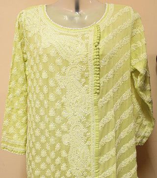 Green soft cotton chikankari side button kurti