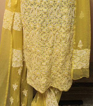 Georgette heavy chikankari unstitched three piece suit with heavy beads and cutdana work
