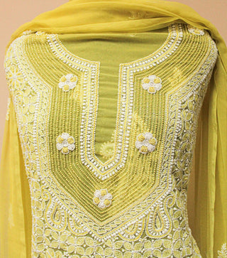 Georgette heavy chikankari unstitched three piece suit with heavy beads and cutdana work