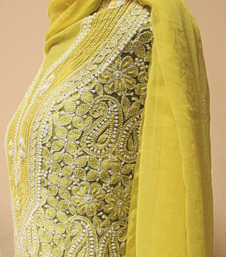 Georgette heavy chikankari unstitched three piece suit with heavy beads and cutdana work