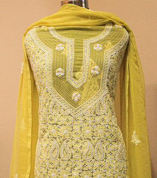 Georgette heavy chikankari unstitched three piece suit with heavy beads and cutdana work