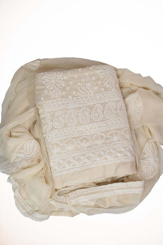 Cotton three pc suit set with all over fine embroidery and keel work